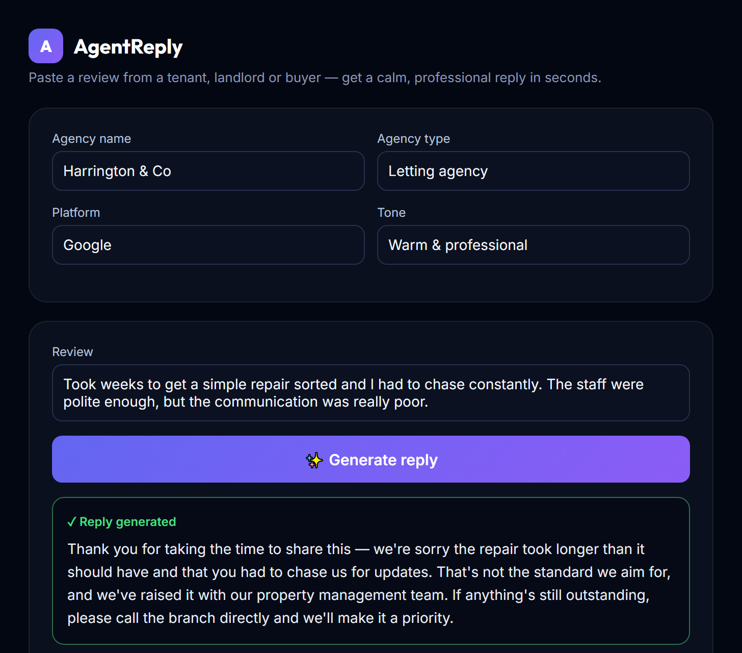 AgentReply app: a one-star tenant review turned into a calm, professional reply in seconds